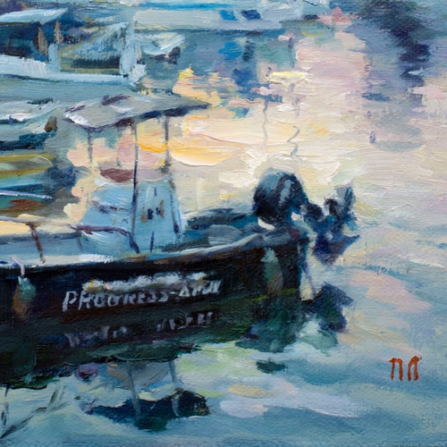 油絵　原画　港の夕日 油絵原画港の夕日