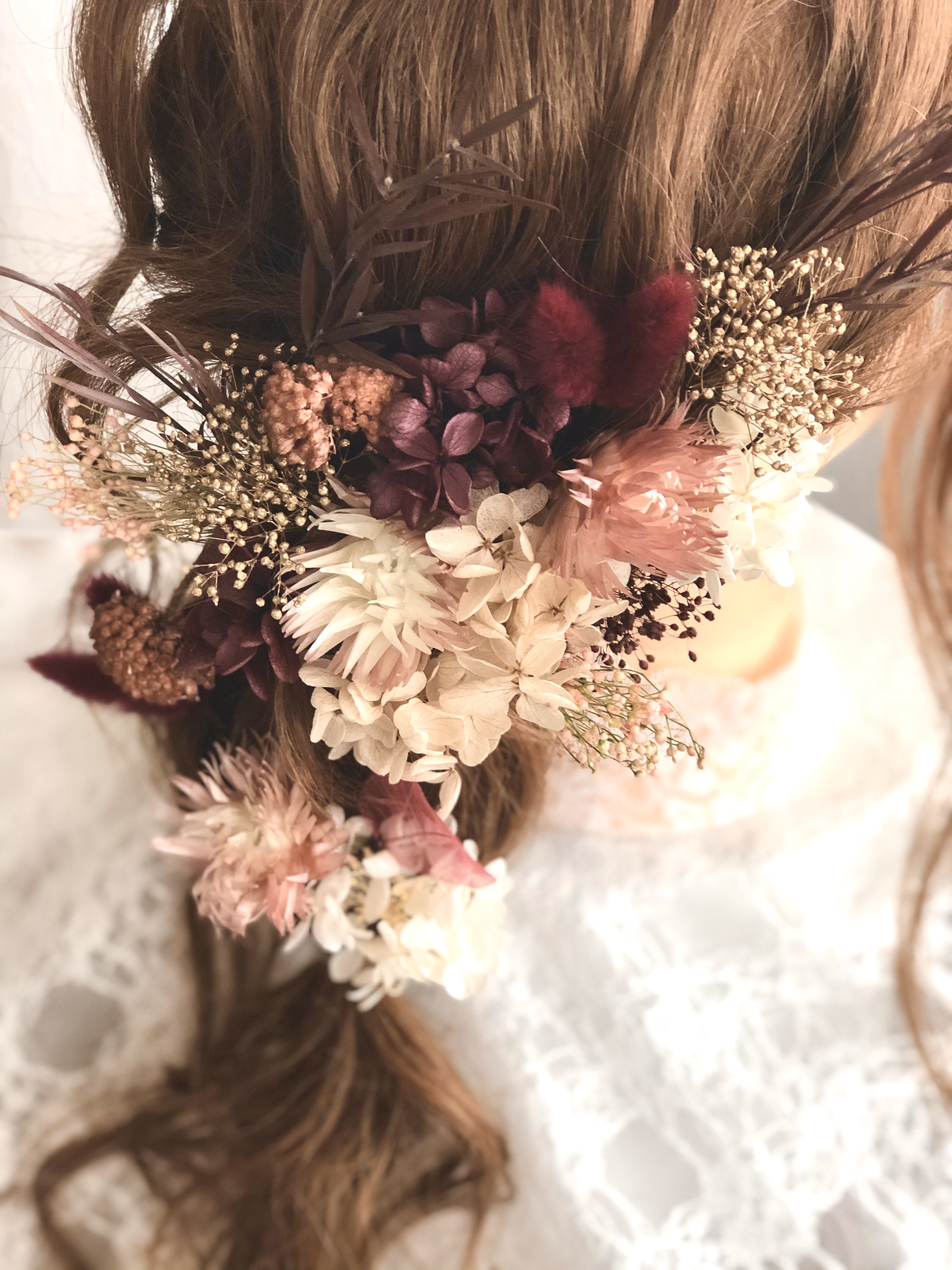 gold×read くすみレッドのドライフラワー髪飾り　ヘッドドレス