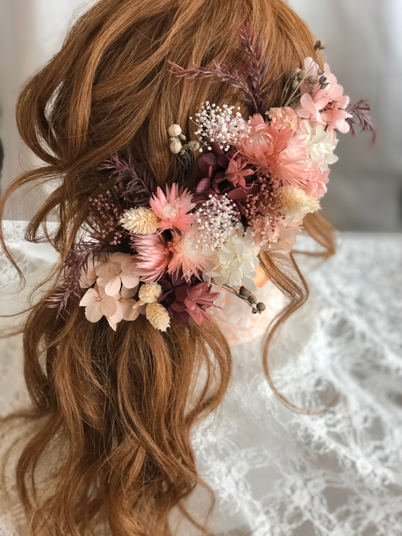 pink×wine red くすみピンクのドライフラワー髪飾り ヘッドドレス