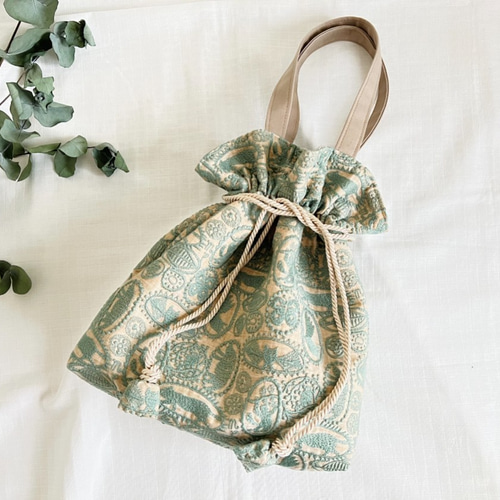 ミナペルホネン 生地使用　jungle relief お散歩バッグ　ハンドメイド ⚮̈ミナペルホネン jungle relief シプリバッグ 巾着ショルダー