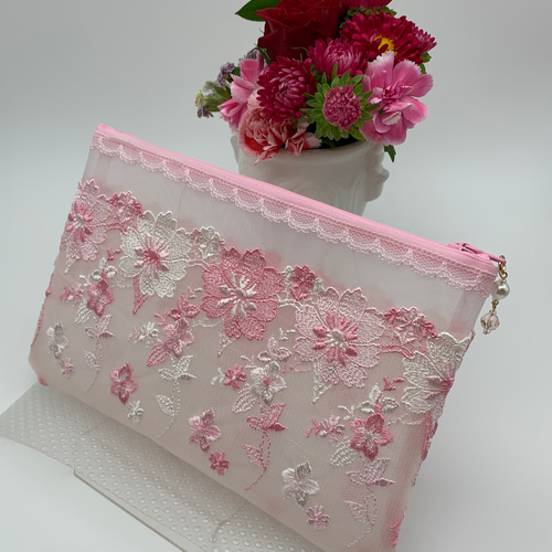 ピンク花柄刺繍のチュールレースとハードメッシュ 軽い セミシースルー