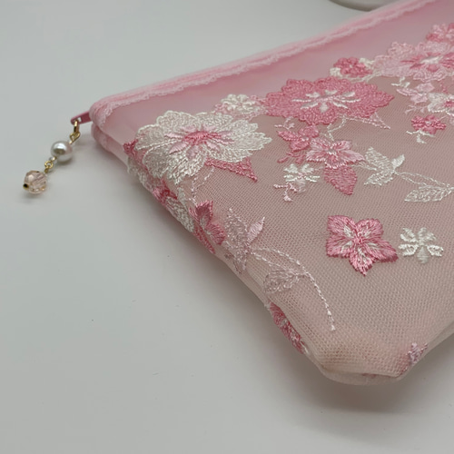 ピンク花柄刺繍のチュールレースとハードメッシュ 軽い セミシースルー