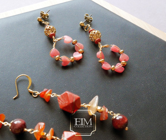 E I M Collection 半寶石專賣紅磚石/ 紅瑪瑙設計款耳環．鍍金配件．可改耳夾式 第2張的照片