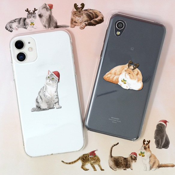 クリスマス 全機種対応【スマホケース ハード クリア ワンポイント印刷】 ネコ 猫 イラスト かわいい 透明 A122L 1枚目の画像