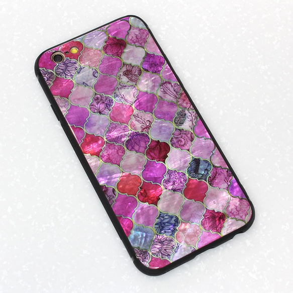 iPhone スマホケース ガラス 螺鈿 らでん モロッカンタイル 背面デザイン 強化ガラス  A013L 6枚目の画像