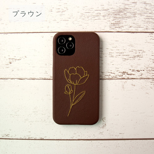 スマホケース 多機種対応 【 刺繍 花 シンプル 】 ゴールド