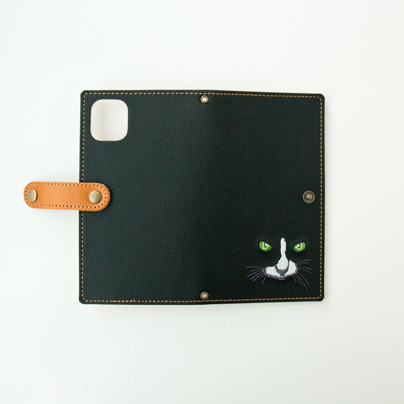 スマホケース 全機種対応 【 刺繍 黒猫 】 本革 レザー 猫 iPhone Galaxy Xperia A113I 2枚目の画像