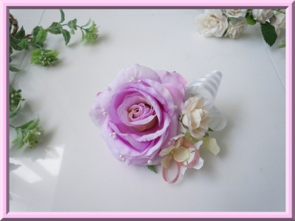 ◆アートフラワー造花◆ハンドメイド パープルローズ バラのコサージュ*卒園式 入学卒業式 結婚式 格安 紫 3枚目の画像