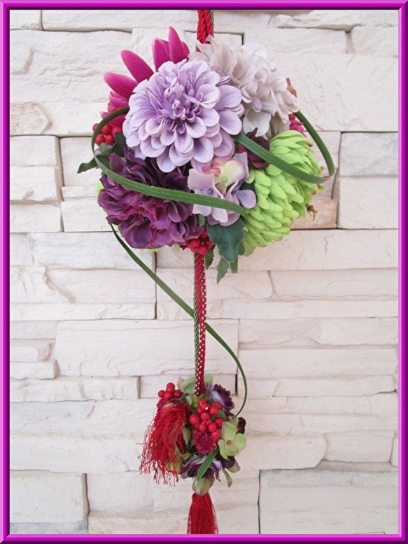 ◆アートフラワー 造花◆和風 ボールブーケ パープル＆グリーンカラー*和装ウエディング 神前結婚式 挙式 打ち掛け 白無 1枚目の画像