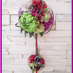 ◆アートフラワー 造花◆和風 ボールブーケ パープル＆グリーンカラー*和装ウエディング 神前結婚式 挙式 打ち掛け 白無 2枚目の画像