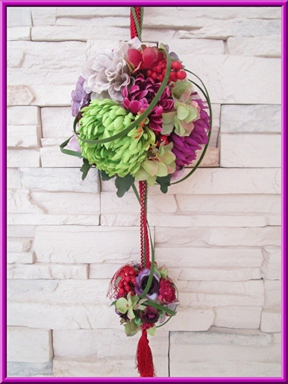 ◆アートフラワー 造花◆和風 ボールブーケ パープル＆グリーンカラー*和装ウエディング 神前結婚式 挙式 打ち掛け 白無 2枚目の画像