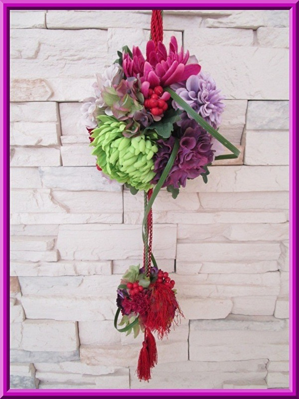 ◆アートフラワー 造花◆和風 ボールブーケ パープル＆グリーンカラー*和装ウエディング 神前結婚式 挙式 打ち掛け 白無 5枚目の画像