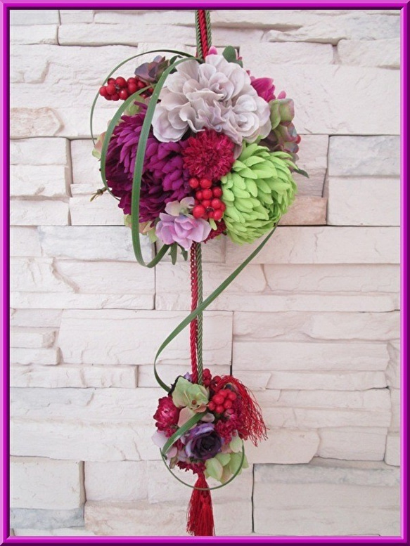 ◆アートフラワー 造花◆和風 ボールブーケ パープル＆グリーンカラー*和装ウエディング 神前結婚式 挙式 打ち掛け 白無 6枚目の画像