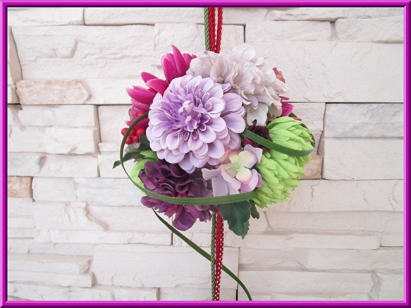 ◆アートフラワー 造花◆和風 ボールブーケ パープル＆グリーンカラー*和装ウエディング 神前結婚式 挙式 打ち掛け 白無 8枚目の画像