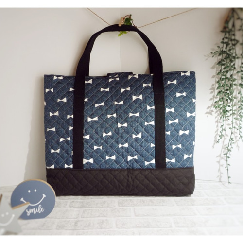 デニムリボン(渋い青)☆レッスンバッグ☆ハンドメイド☆入園入学準備