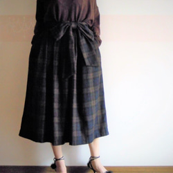 リボン付きふんわりギャザースカート☆チェック☆ネービー×ブラウン 1枚目の画像