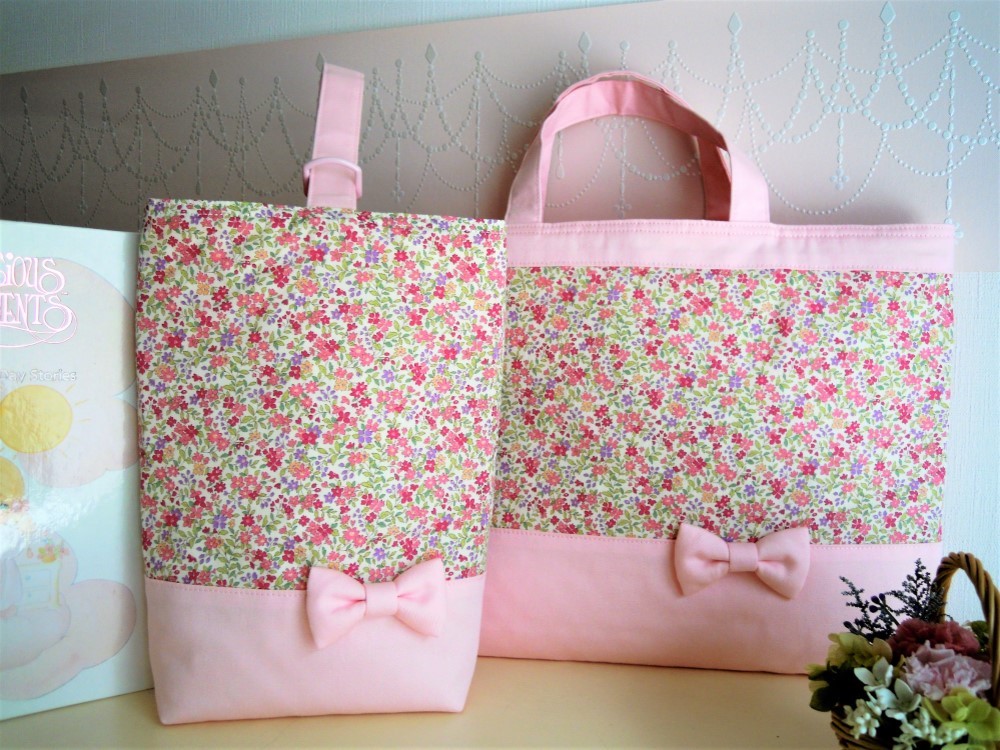 【裏キルト・ポケット付レッスン＆シューズバッグ２点セット】リトルフラワー☆ピンク