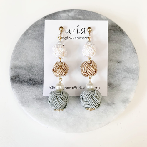 水引イヤリング・ピアス「響」グレー ピアス（フック・チェーン