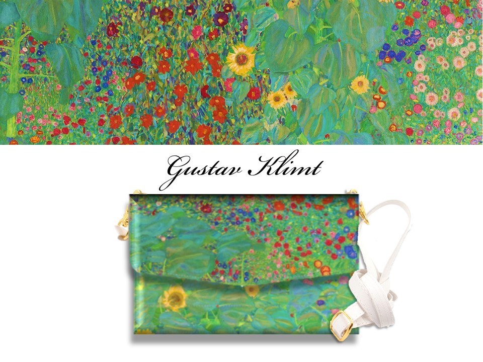 送料無料★グスタフ・クリムト　ヒマワリの咲く農家の庭　ショルダーストラップ付き手帳型三つ折りスマホケース