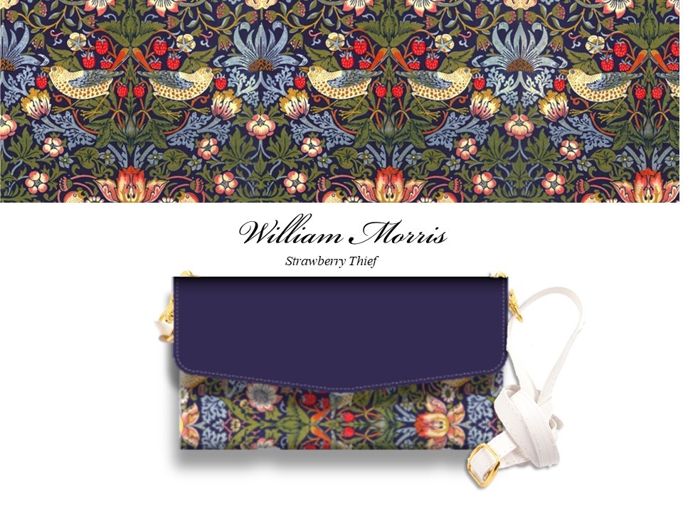 送料無料★ウィリアムモリス　いちご泥棒手帳型　ショルダーストラップ付き三つ折りスマホケース