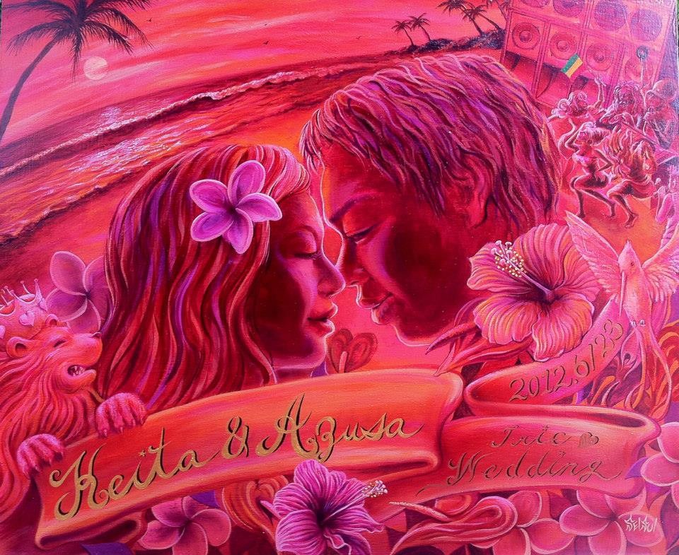 トロピカルな似顔絵ウェルカムボード アクリル画　夕日の絵 F10サイズ木製パネル 530×455(mm)