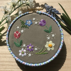 ※受注製作※ 　花刺繍のミニポシェット　帆布　春の花　グレージュ 10枚目の画像