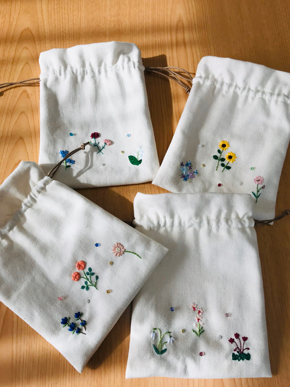 巾着ポーチ　四季の花刺繍　～夏の花～ 7枚目の画像