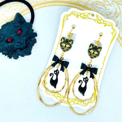 黒猫イヤリング　【送料無料】プレゼント　黒　モノトーン　ゴールド　黒ネコ　猫　ねこ　ギフト 4枚目の画像