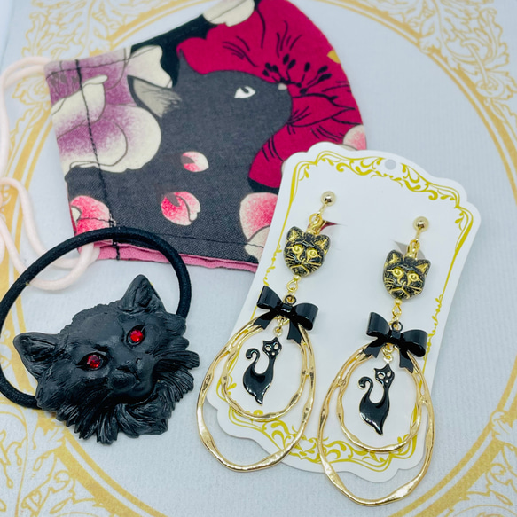 黒猫イヤリング　【送料無料】プレゼント　黒　モノトーン　ゴールド　黒ネコ　猫　ねこ　ギフト 7枚目の画像