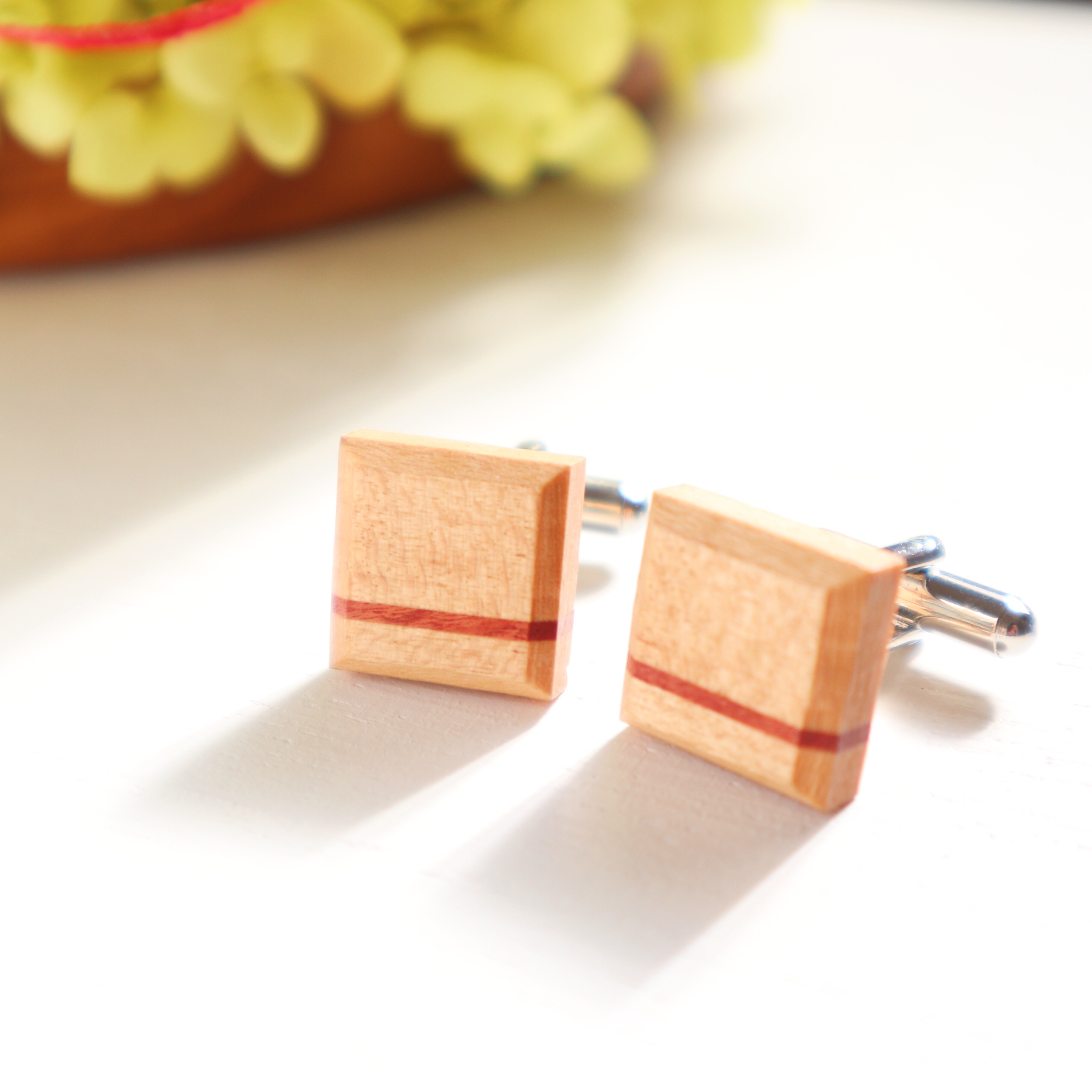 木製カフスボタン【Line】/ メープル×ピンクアイボリー