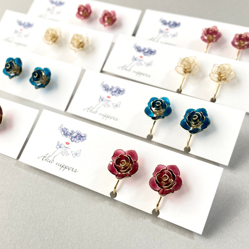 スクエア薔薇とお花のピアスイヤリング