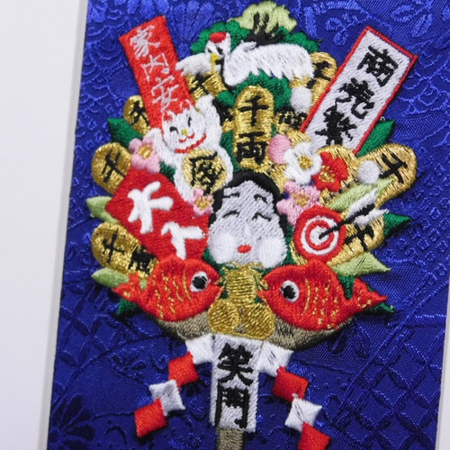 インテリア刺繍 縁起物「酉の市の熊手」おかめ 額入り《送料無料