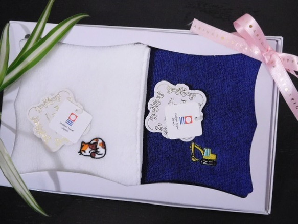 可愛いワンポイント刺繍入り　今治産タオルハンカチ2枚セット【GiftBox入り】 5枚目の画像