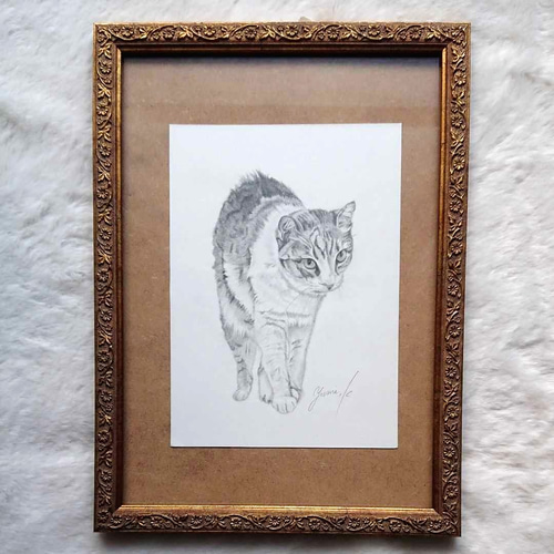 在庫処分セール テ 向かってくる猫の鉛筆画 しーさん(他サイト取引有 イラスト 絵画