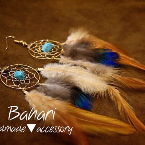 ドリームキャッチャー☆天然フェザーピアス&イヤリング【ターコイズ