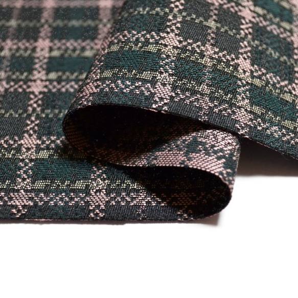 ジャカード織り チェック柄 深緑色&ピンク色 K172輸入生地 イタリア製 【カット品】 5枚目の画像