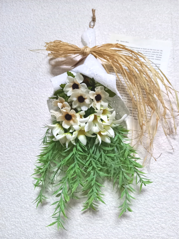 アーティフィシャルフラワー　造花　フランネルフラワーとアネモネ　優しい　ブーケ　スワッグ　インテリア雑貨　ウェディング 3枚目の画像