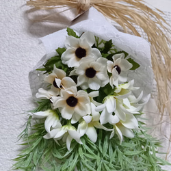アーティフィシャルフラワー　造花　フランネルフラワーとアネモネ　優しい　ブーケ　スワッグ　インテリア雑貨　ウェディング 4枚目の画像