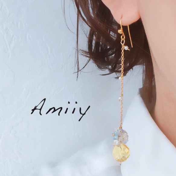 【Amiiy】パールチェーン ゆらゆら 揺れ 天然石 キラキラ 煌めく 春色 ロングピアス 1枚目の画像