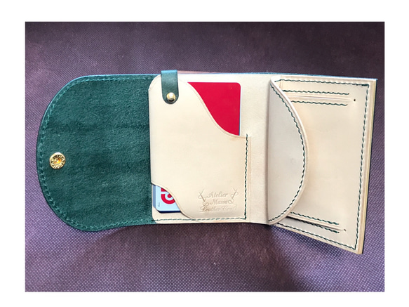 《受注制作》手縫いミニ財布改良版　普段使い、ちょっとしたお出かけにも♪  イタリアンレザー　緑系（ディープグリーン） 4枚目の画像