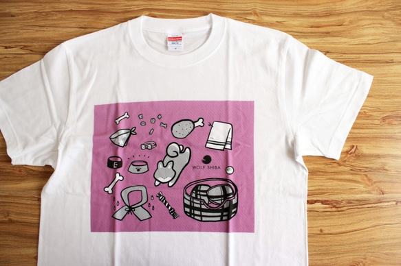 柴犬　デザインTシャツ（本体：ホワイト/デザイン：ピンク） 1枚目の画像