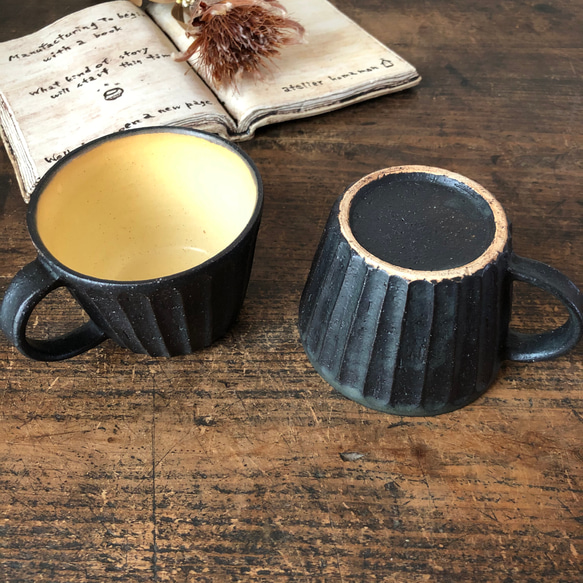 黒いしのぎのコーヒーカップ(内側黄色) 3枚目の画像