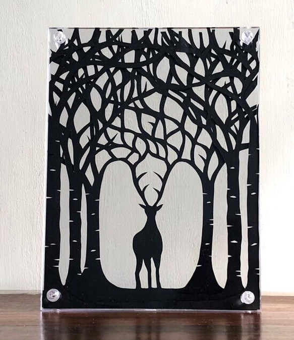 切り絵アート「シラカバシカ」ブラック 切り絵 DEER 通販