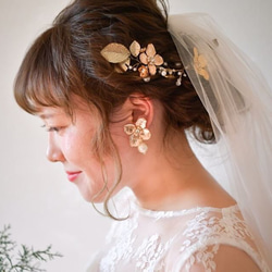 くすみゴールド　2way flower cotton Perl pierce／earring 4枚目の画像