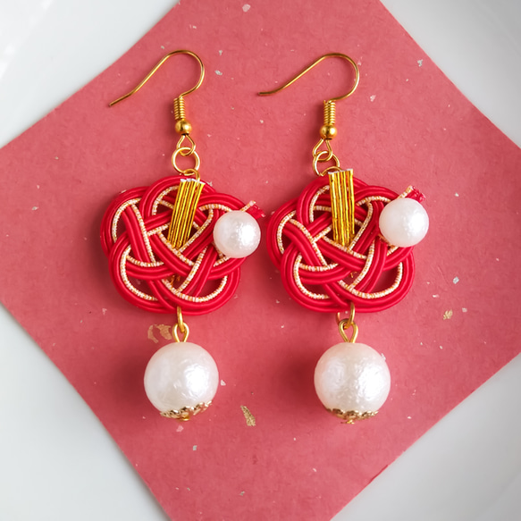 水引*大粒コットンパールと椿のピアス／イヤリング◇赤 ピアス（フック