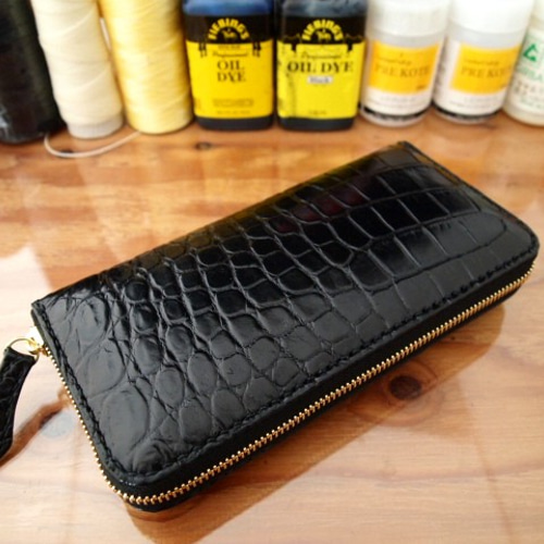 オーダー】総手縫クロコダイルラウンドファスナー長財布ブラック  