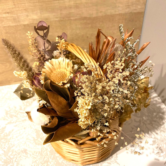 #017 basket flower bouquet white beige ② 4枚目の画像
