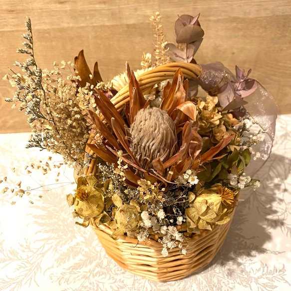 #017 basket flower bouquet white beige ② 5枚目の画像
