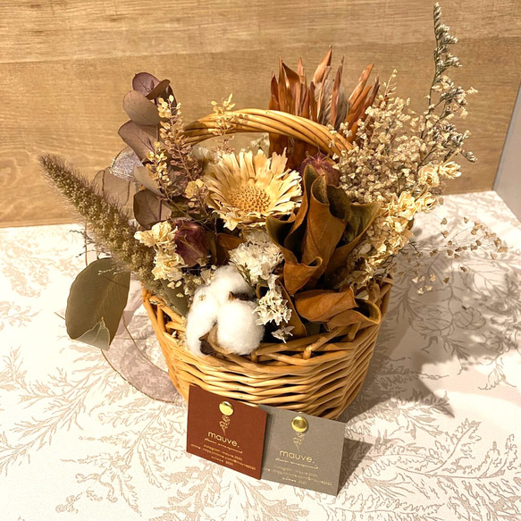 #017 basket flower bouquet white beige ② 8枚目の画像