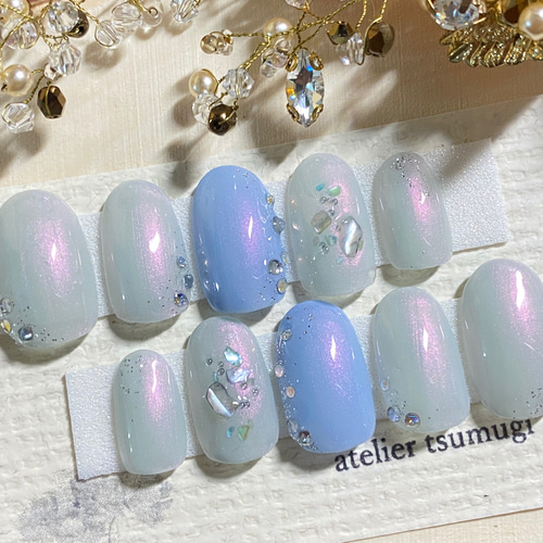 現品 ネイルチップ＊シャンパンブルー♡パールネイル/ミディアム